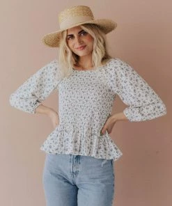 Vendor-unknown Ellen Floral Patterned Smocked Blouse Ivory Tops
