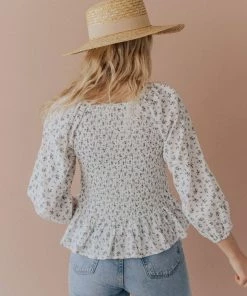 Vendor-unknown Ellen Floral Patterned Smocked Blouse Ivory Tops