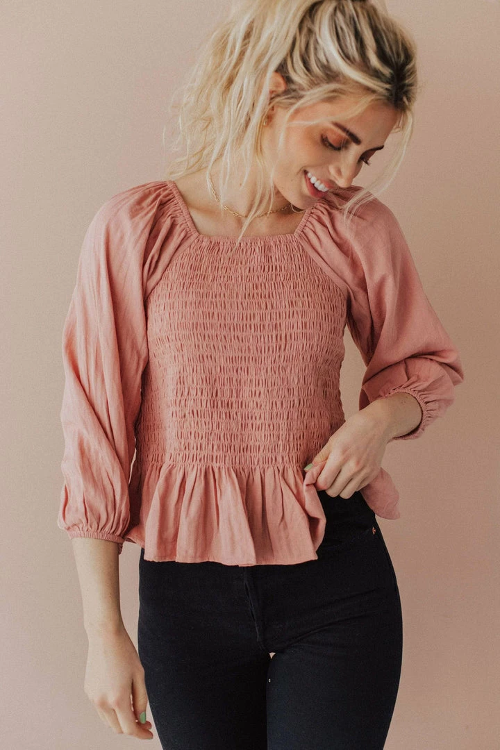 Vendor-unknown Tops Ellen Smocked Blouse Dusty Peach 6 Vendor-unknown Tops Ellen Smocked Blouse Dusty Peach