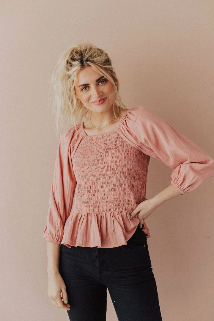 Vendor-unknown Tops Ellen Smocked Blouse Dusty Peach 5 Vendor-unknown Tops Ellen Smocked Blouse Dusty Peach