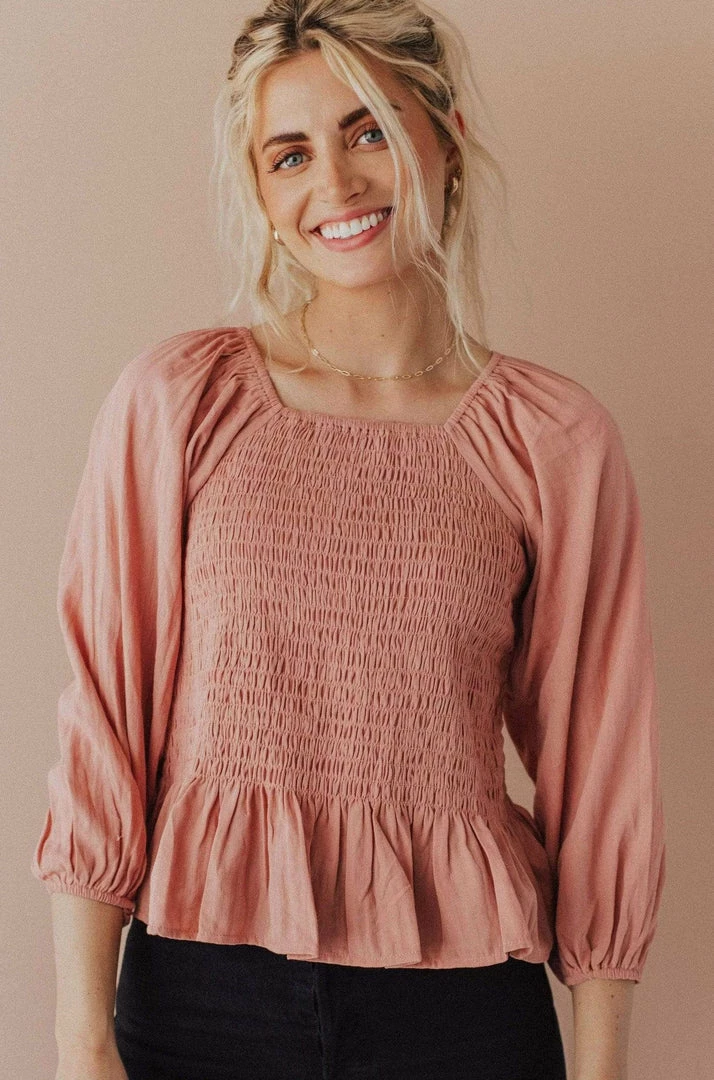 Vendor-unknown Tops Ellen Smocked Blouse Dusty Peach 4 Vendor-unknown Tops Ellen Smocked Blouse Dusty Peach