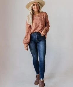 Vendor-unknown Evalyn Flocked Leopard Puff Sleeve Top Peach Tops