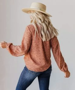 Vendor-unknown Evalyn Flocked Leopard Puff Sleeve Top Peach Tops