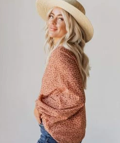 Vendor-unknown Evalyn Flocked Leopard Puff Sleeve Top Peach Tops