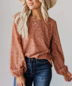 Vendor-unknown Evalyn Flocked Leopard Puff Sleeve Top Peach Tops