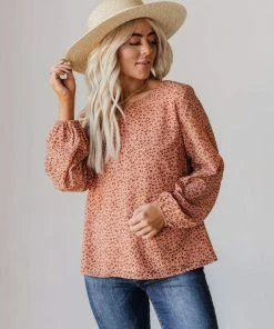 Vendor-unknown Evalyn Flocked Leopard Puff Sleeve Top Peach Tops