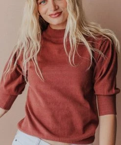 Vendor-unknown Fran Knit Top With Puff Sleeve Marsala Tops