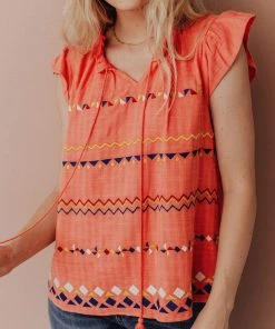 Vendor-unknown Kamila Embroidered Blouse Hot Coral Tops