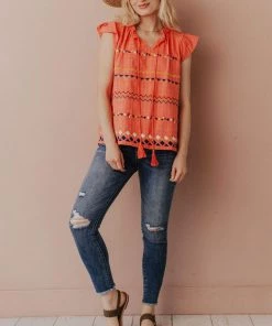Vendor-unknown Kamila Embroidered Blouse Hot Coral Tops