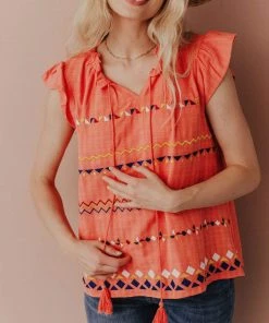 Vendor-unknown Kamila Embroidered Blouse Hot Coral Tops