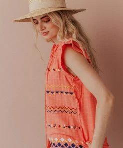 Vendor-unknown Kamila Embroidered Blouse Hot Coral Tops