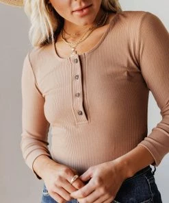 Vendor-unknown Lina Ribbed Jersey Bodysuit Mocha Tops