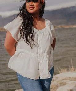 Vendor-unknown PLUS Betsy Square Neck Button Up Top Ivory