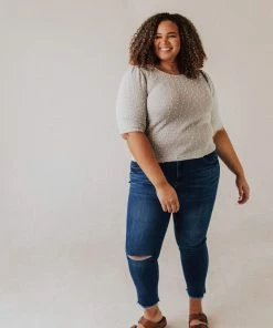 Vendor-unknown Tops PLUS! EXCLUSIVE! Laura Polka Dot Short Sleeve Sweater Grey