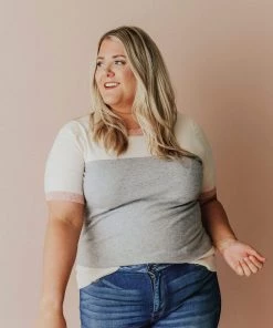 Vendor-unknown PLUS EXCLUSIVE! Taysia Colorblock Short Sleeve Sweater Heather Grey Tops