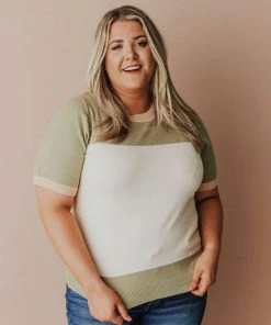 Vendor-unknown PLUS EXCLUSIVE! Taysia Colorblock Short Sleeve Sweater Olive