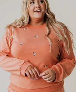 Vendor-unknown PLUS Kylee Flower Embroidered Sweatshirt Salmon Tops