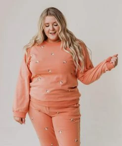 Vendor-unknown PLUS Kylee Flower Embroidered Sweatshirt Salmon Tops