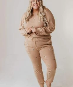 Vendor-unknown PLUS Kylee Flower Embroidered Sweatshirt Taupe