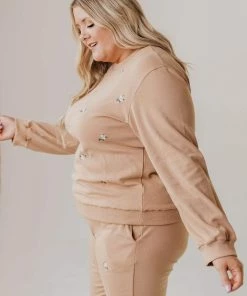 Vendor-unknown PLUS Kylee Flower Embroidered Sweatshirt Taupe