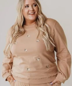 Vendor-unknown PLUS Kylee Flower Embroidered Sweatshirt Taupe