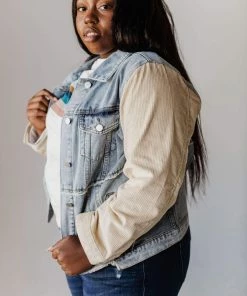 Vendor-unknown Plus Size EXCLUSIVE! Rebecca Denim Jacket With Corduroy Sleeves Bone