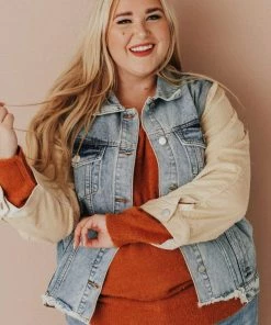 Vendor-unknown Plus Size EXCLUSIVE! Rebecca Denim Jacket With Corduroy Sleeves Bone