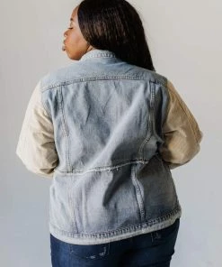 Vendor-unknown Plus Size EXCLUSIVE! Rebecca Denim Jacket With Corduroy Sleeves Bone