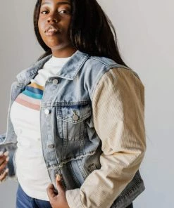 Vendor-unknown Plus Size EXCLUSIVE! Rebecca Denim Jacket With Corduroy Sleeves Bone