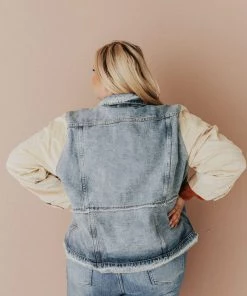 Vendor-unknown Plus Size EXCLUSIVE! Rebecca Denim Jacket With Corduroy Sleeves Bone