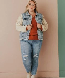 Vendor-unknown Plus Size EXCLUSIVE! Rebecca Denim Jacket With Corduroy Sleeves Bone