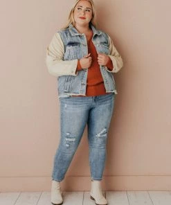 Vendor-unknown Plus Size EXCLUSIVE! Rebecca Denim Jacket With Corduroy Sleeves Bone