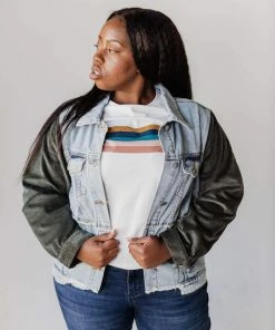 Vendor-unknown Plus Size EXCLUSIVE! Rebecca Denim Jacket With Corduroy Sleeves Olive