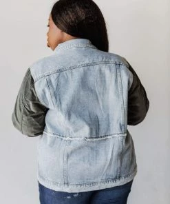 Vendor-unknown Plus Size EXCLUSIVE! Rebecca Denim Jacket With Corduroy Sleeves Olive