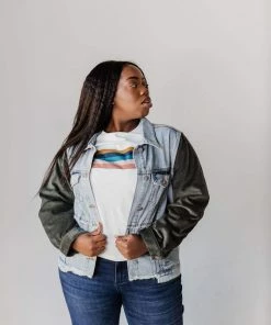 Vendor-unknown Plus Size EXCLUSIVE! Rebecca Denim Jacket With Corduroy Sleeves Olive