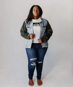 Vendor-unknown Plus Size EXCLUSIVE! Rebecca Denim Jacket With Corduroy Sleeves Olive