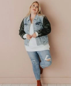 Vendor-unknown Plus Size EXCLUSIVE! Rebecca Denim Jacket With Corduroy Sleeves Olive