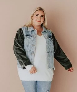 Vendor-unknown Plus Size EXCLUSIVE! Rebecca Denim Jacket With Corduroy Sleeves Olive