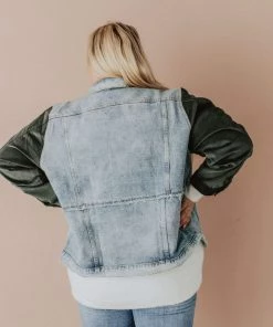 Vendor-unknown Plus Size EXCLUSIVE! Rebecca Denim Jacket With Corduroy Sleeves Olive