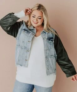 Vendor-unknown Plus Size EXCLUSIVE! Rebecca Denim Jacket With Corduroy Sleeves Olive