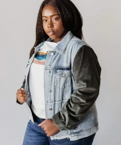 Vendor-unknown Plus Size EXCLUSIVE! Rebecca Denim Jacket With Corduroy Sleeves Olive