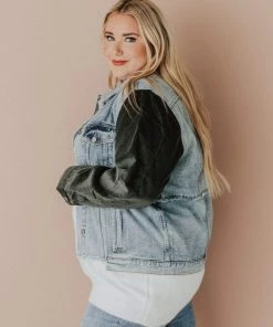 Vendor-unknown Plus Size EXCLUSIVE! Rebecca Denim Jacket With Corduroy Sleeves Olive