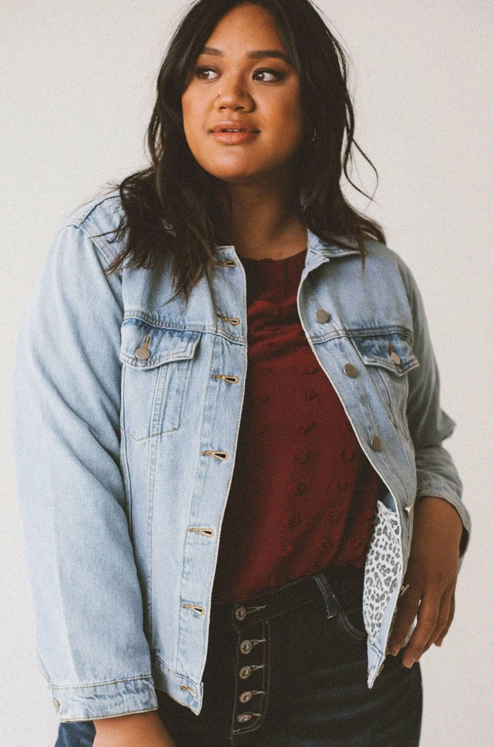 Vendor-unknown Plus Size EXCLUSIVE! Shirley Denim Jacket With Leopard Lined Pockets Tops 4 Vendor-unknown Plus Size EXCLUSIVE! Shirley Denim Jacket With Leopard Lined Pockets Tops