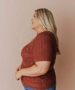 Vendor-unknown Plus Size Lacey Short Sleeve Knit Sweater Marsala