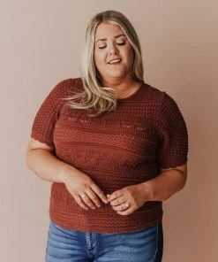 Vendor-unknown Plus Size Lacey Short Sleeve Knit Sweater Marsala
