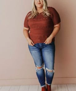 Vendor-unknown Plus Size Lacey Short Sleeve Knit Sweater Marsala