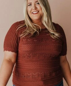 Vendor-unknown Plus Size Lacey Short Sleeve Knit Sweater Marsala