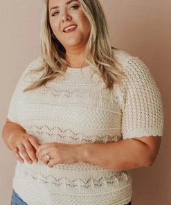 Vendor-unknown Plus Size Lacey Short Sleeve Knit Sweater Natural