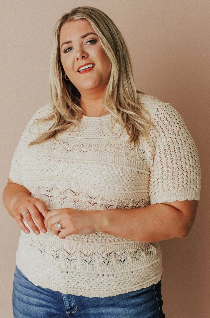 Vendor-unknown Plus Size Lacey Short Sleeve Knit Sweater Natural 3 Vendor-unknown Plus Size Lacey Short Sleeve Knit Sweater Natural