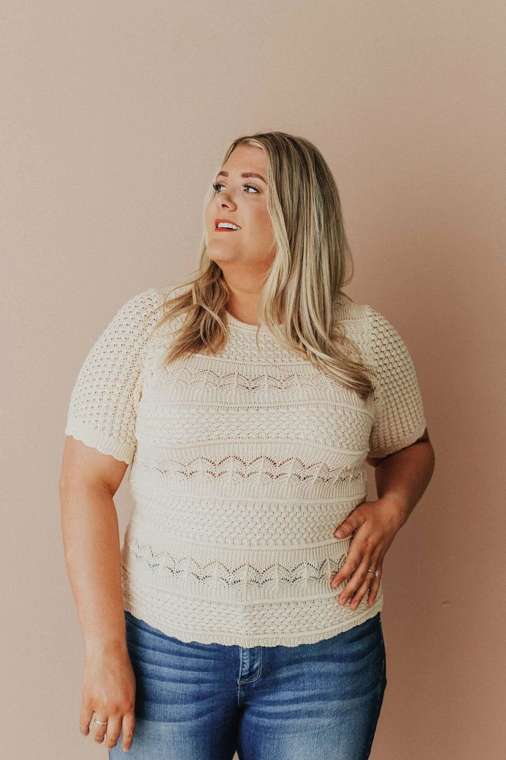 Vendor-unknown Plus Size Lacey Short Sleeve Knit Sweater Natural 6 Vendor-unknown Plus Size Lacey Short Sleeve Knit Sweater Natural